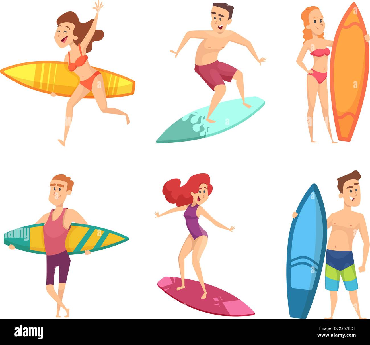 Personnages de surf d'été. Mascottes drôles de vecteur dans diverses poses d'action. Planche de surf, personnage homme et femme avec illustration de planche. Personnages de surf d'été. Mascottes drôles de vecteur dans diverses poses d'action Illustration de Vecteur
