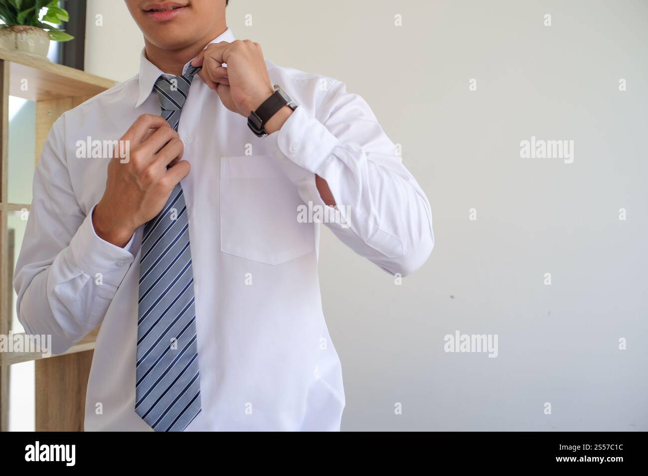 Homme d'affaires portant cravate se préparant au travail le matin. Préparez-vous à sortir. se hâter de travailler Banque D'Images Homme d'affaires portant cravate se préparant au travail le matin. Préparez-vous à sortir. se hâter de travailler Banque D'Images