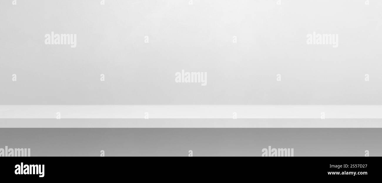 Étagère vide sur un mur blanc. Scène de modèle d'arrière-plan. Bannière horizontale. Étagère vide sur un mur blanc. Modèle d'arrière-plan. Bannière horizontale Banque D'Images