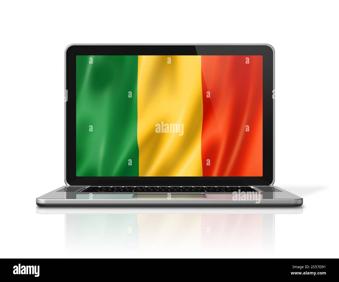 Drapeau Mali sur écran d'ordinateur portable isolé sur blanc. Rendu d'illustration 3D. Drapeau Mali sur écran d'ordinateur portable isolé sur blanc. Illustration 3D. Banque D'Images