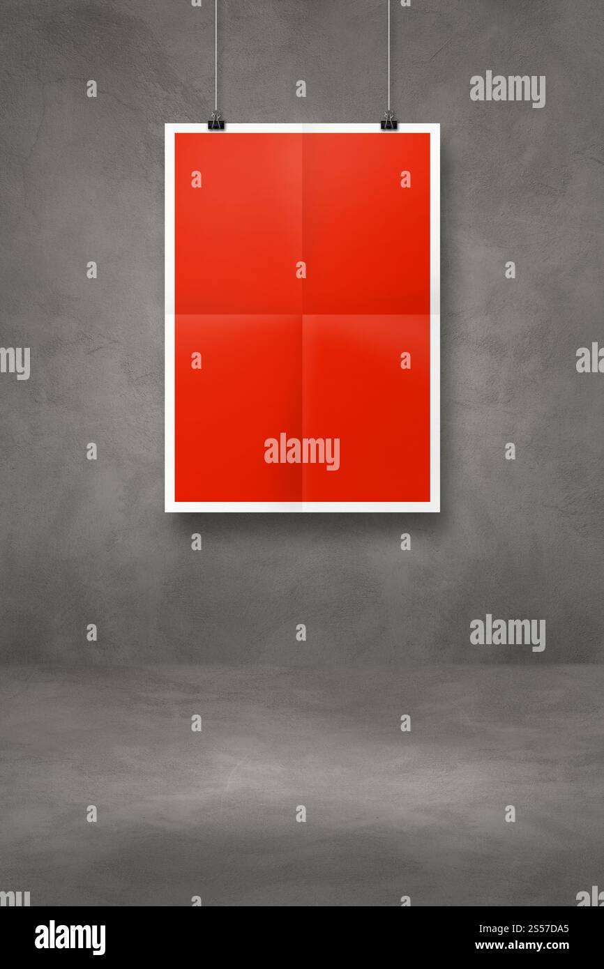 affiche pliée rouge suspendue sur un mur de béton foncé avec des clips. Modèle de maquette vierge. affiche pliée rouge suspendue sur un mur de béton foncé avec des clips Banque D'Images