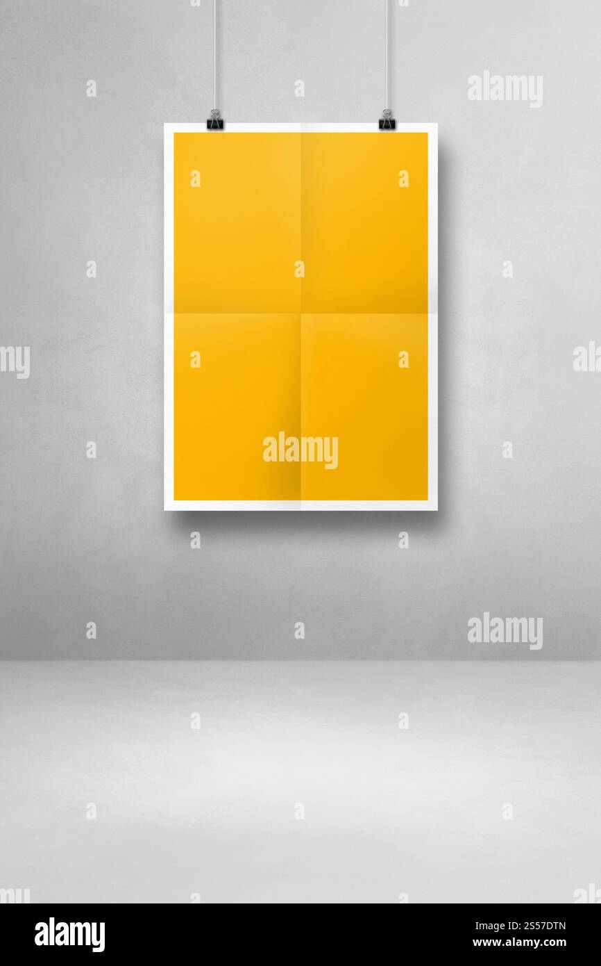 affiche pliée jaune suspendue sur un mur propre avec des pinces. Modèle de maquette vierge. affiche pliée jaune suspendue sur un mur propre avec des pinces Banque D'Images
