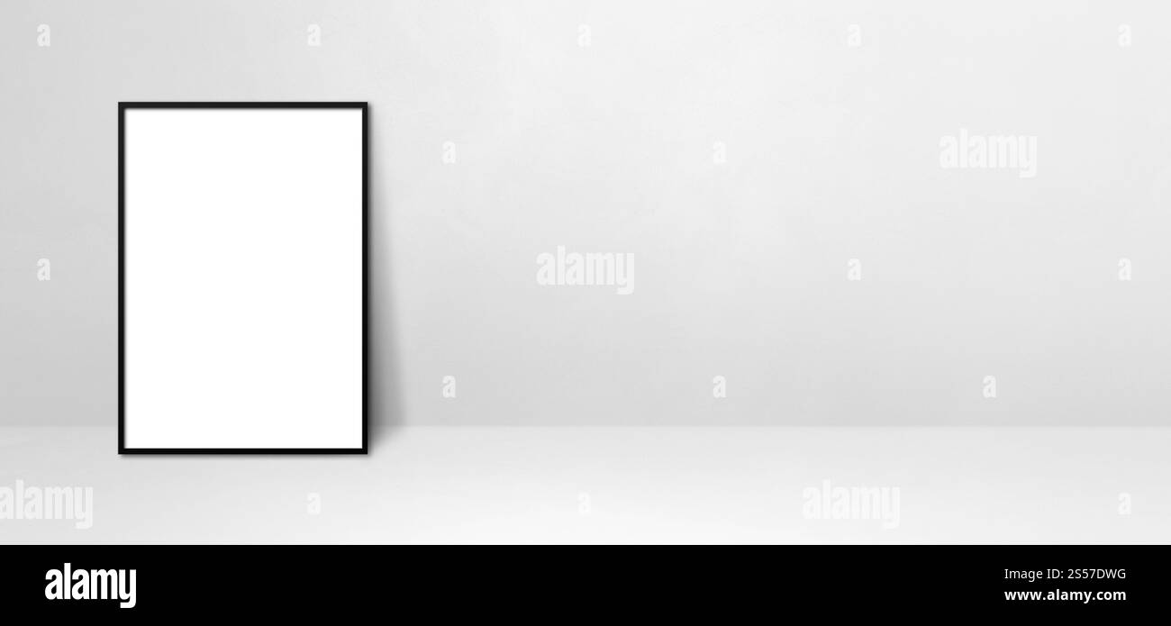 Cadre photo noir appuyé sur un mur blanc. Modèle de maquette vierge. Bannière horizontale. Cadre photo noir appuyé sur un mur blanc. Bannière horizontale Banque D'Images