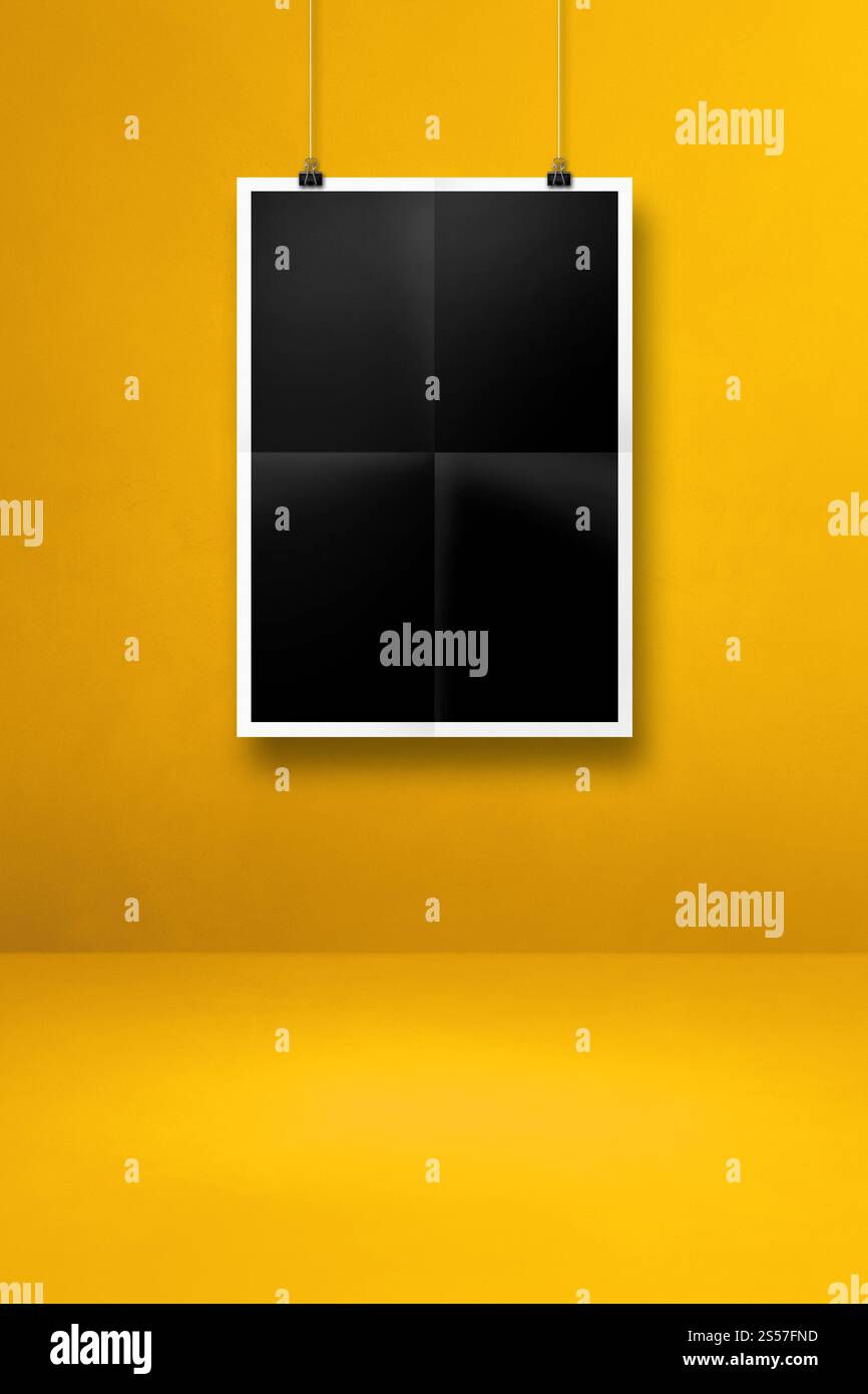 Affiche pliée noire accrochée à un mur jaune avec des clips. Modèle de maquette vierge. Affiche pliée noire accrochée à un mur jaune avec des clips Banque D'Images