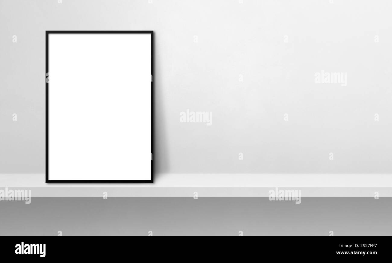 Cadre photo noir appuyé sur une étagère blanche. illustration 3d. Modèle de maquette vierge. Bannière horizontale. Cadre photo noir appuyé sur un blanc Banque D'Images
