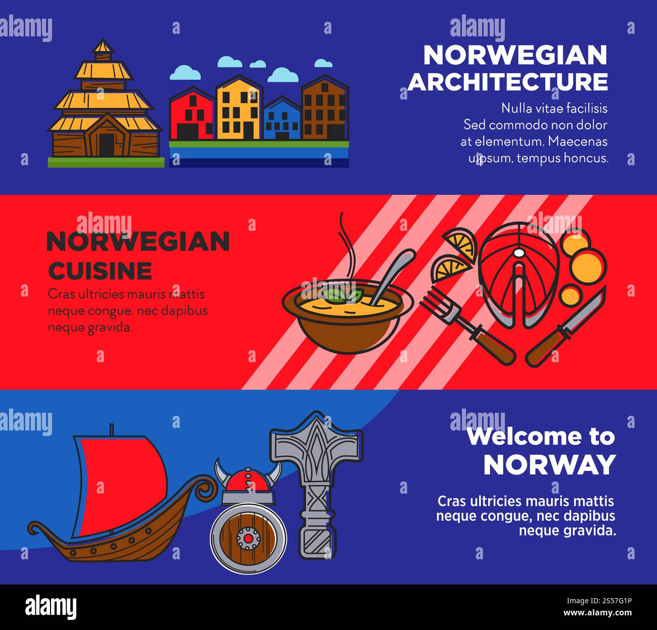Voyage en Norvège affiches promotionnelles avec l'architecture et la cuisine traditionnelles. Pays nordique froid avec une histoire intéressante et de délicieuses bannières publicitaires de nourriture illustrations vectorielles ensemble.. Voyage en Norvège affiches promotionnelles avec l'architecture et la cuisine traditionnelles Illustration de Vecteur