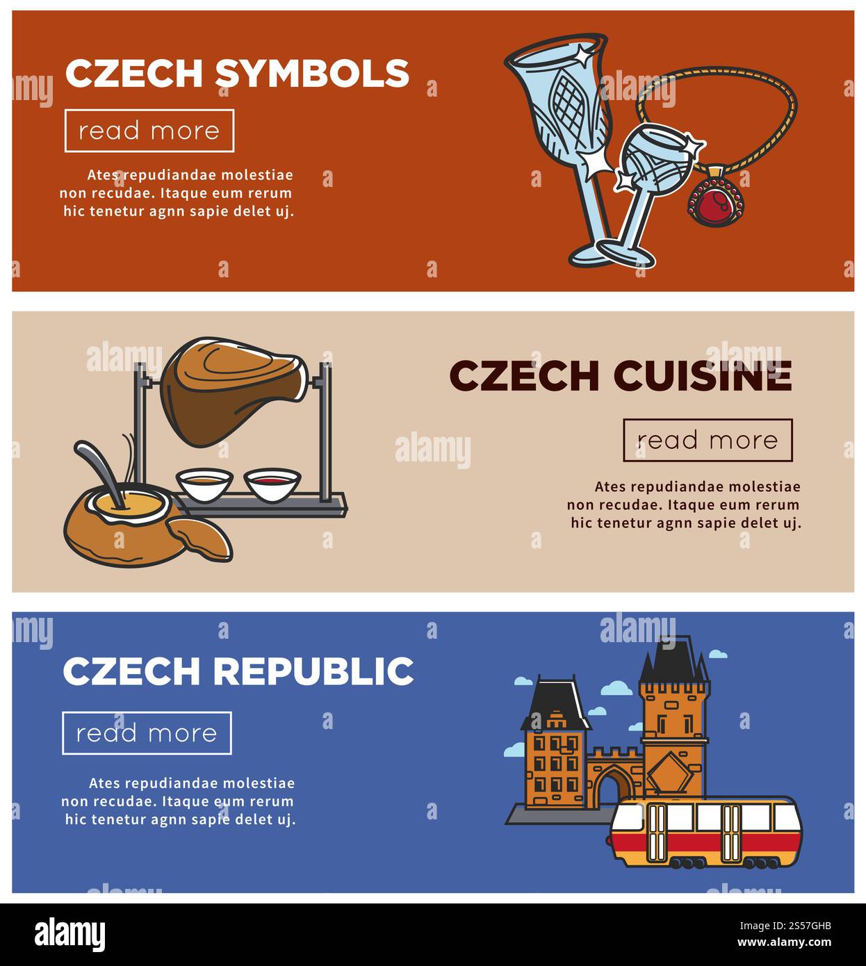 Bannières web de la République tchèque représentant des symboles traditionnels et des icônes de sites touristiques nationaux. Barbecue au jarret de porc de cuisine vectorielle, château d'architecture et verre de cristal de Bohême de la République tchèque. Bannières vectorielles de République tchèque des symboles touristiques et des icônes d'attraction de voyage de Prague Illustration de Vecteur