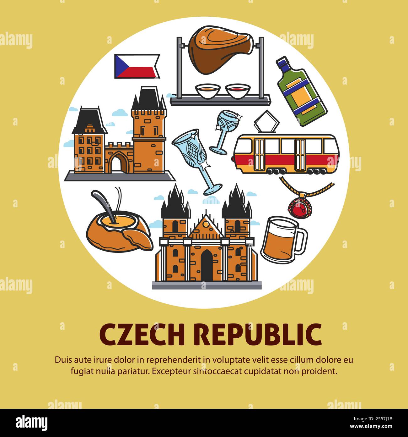 République tchèque authentique bannière promotionnelle de culture pour agence de voyages. Bâtiments gothiques, cuisine délicieuse, transports locaux et boissons alcoolisées de dessin animé de haute qualité illustration vectorielle plate .. République tchèque authentique bannière promotionnelle de culture pour agence de voyages Illustration de Vecteur