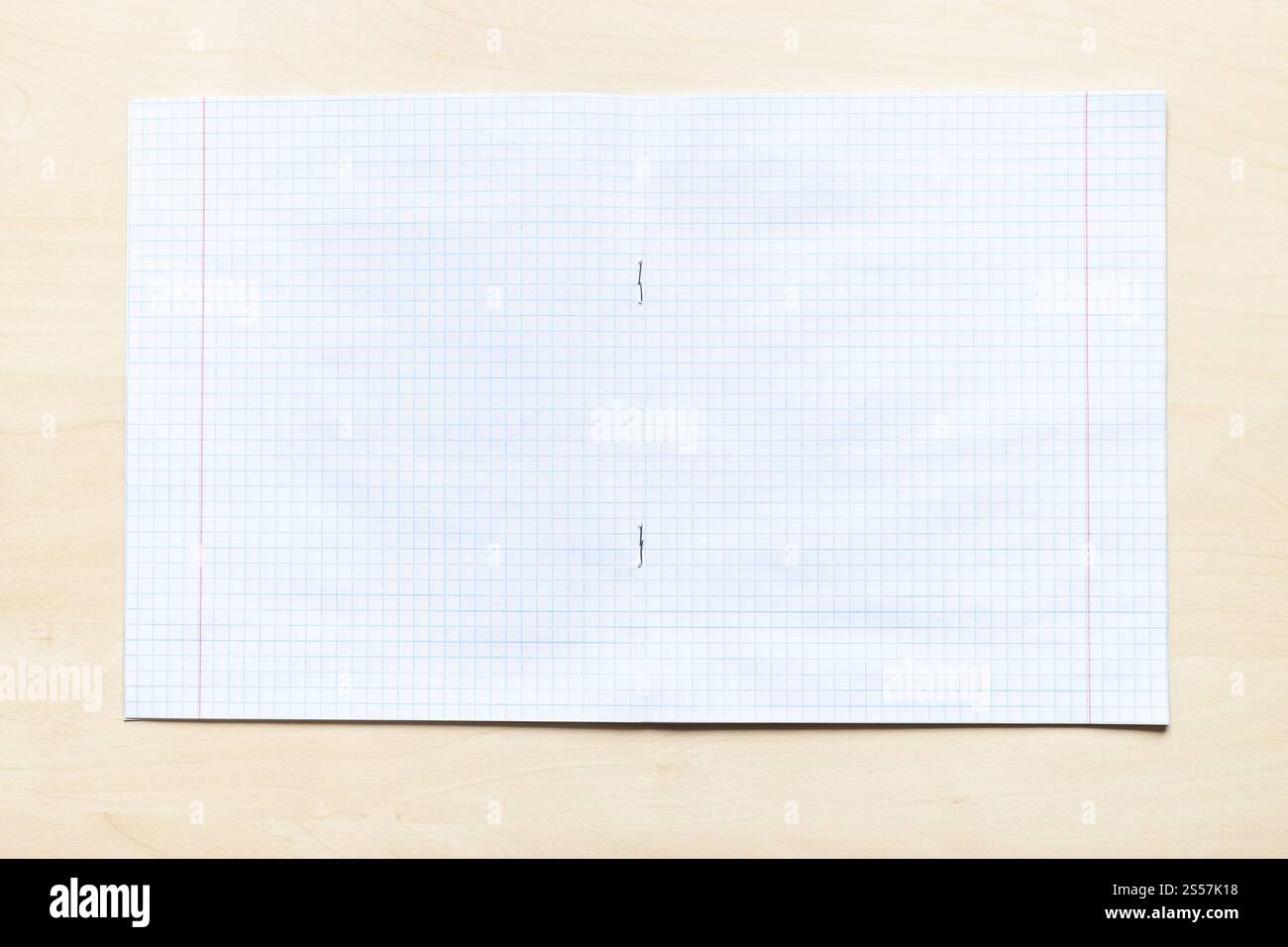 vue de dessus d'un carnet d'école vierge ouvert avec des feuilles carrées et des marges sur une planche en bois brun clair Banque D'Images