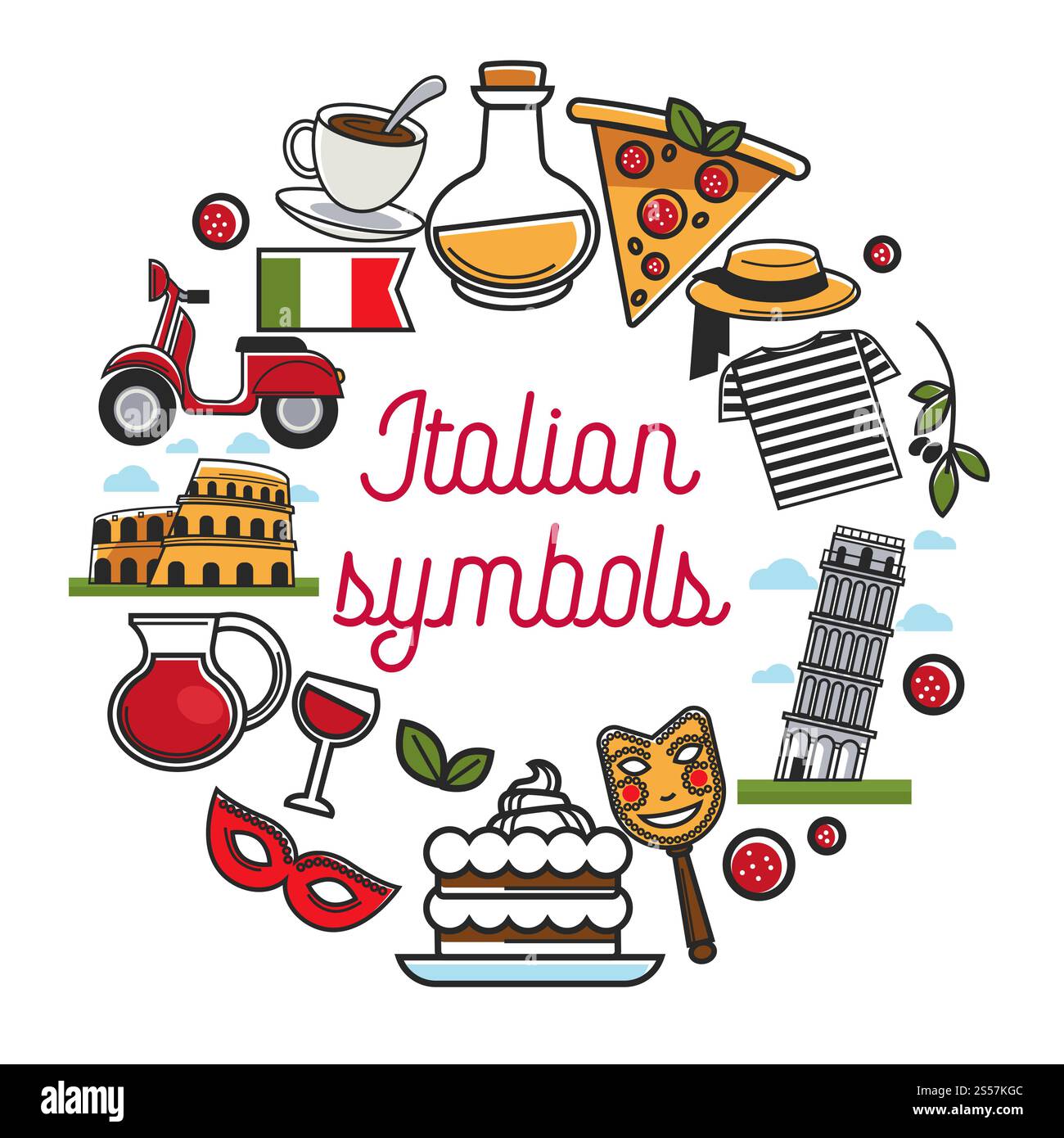 Affiche de symboles italiens avec architecture nationale et cuisine. Caractéristiques culturelles, nourriture savoureuse et bâtiments célèbres dans des illustrations vectorielles plates de dessin animé en cercle sur une bannière commerciale avec signe en italique.. Affiche de symboles italiens avec architecture nationale et cuisine Illustration de Vecteur Affiche de symboles italiens avec architecture nationale et cuisine. Caractéristiques culturelles, nourriture savoureuse et bâtiments célèbres dans des illustrations vectorielles plates de dessin animé en cercle sur une bannière commerciale avec signe en italique.. Affiche de symboles italiens avec architecture nationale et cuisine Illustration de Vecteur