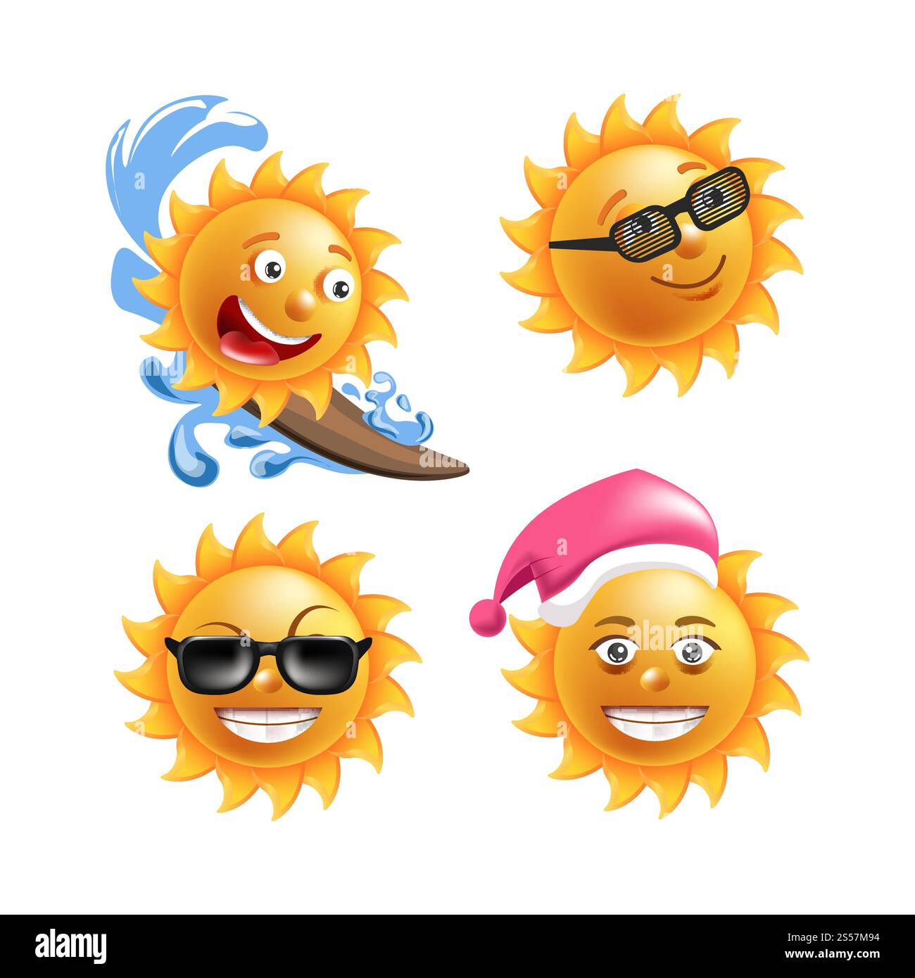 Sourires de soleil ou émoticônes de dessins animés d'été et visages emoji heureux avec des expressions. Icônes isolées vectorielles de soleils brillants souriants.. Sourires de soleil ou émoticônes de dessins animés d'été et visages emoji heureux avec des expressions. Illustration de Vecteur