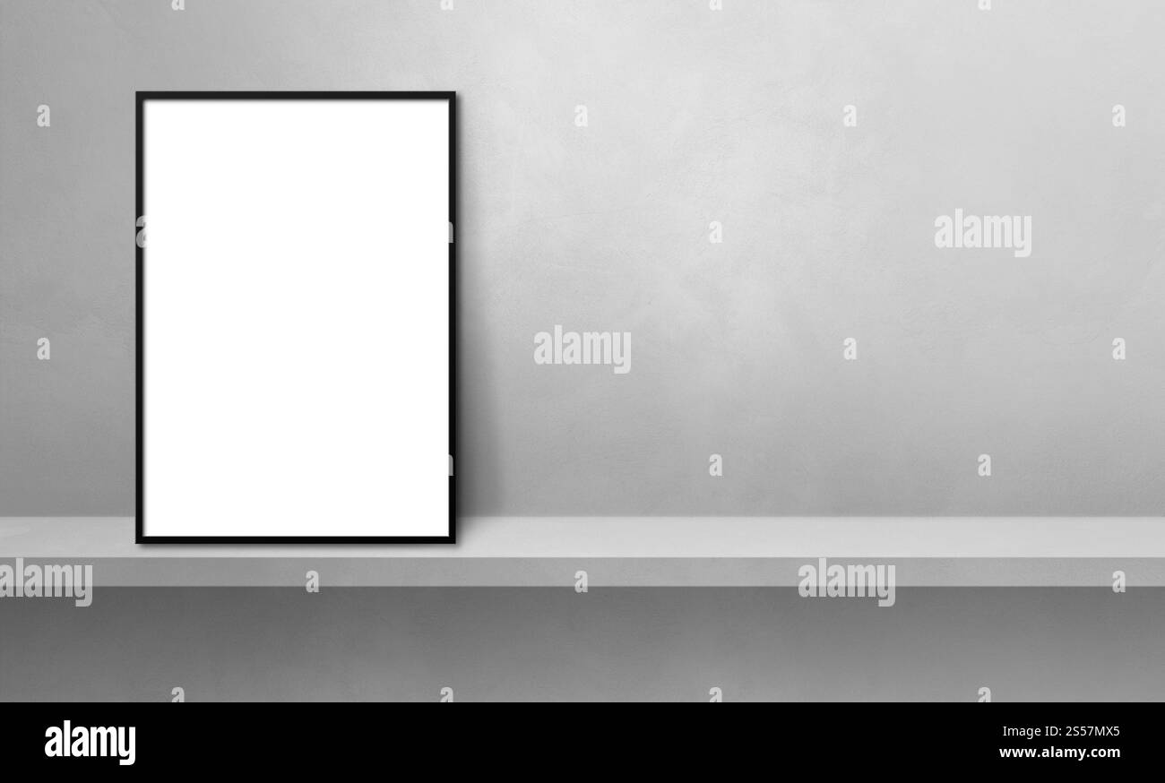 Cadre photo noir appuyé sur une étagère grise. illustration 3d. Modèle de maquette vierge. Bannière horizontale. Cadre photo noir appuyé sur une étagère grise. Banque D'Images