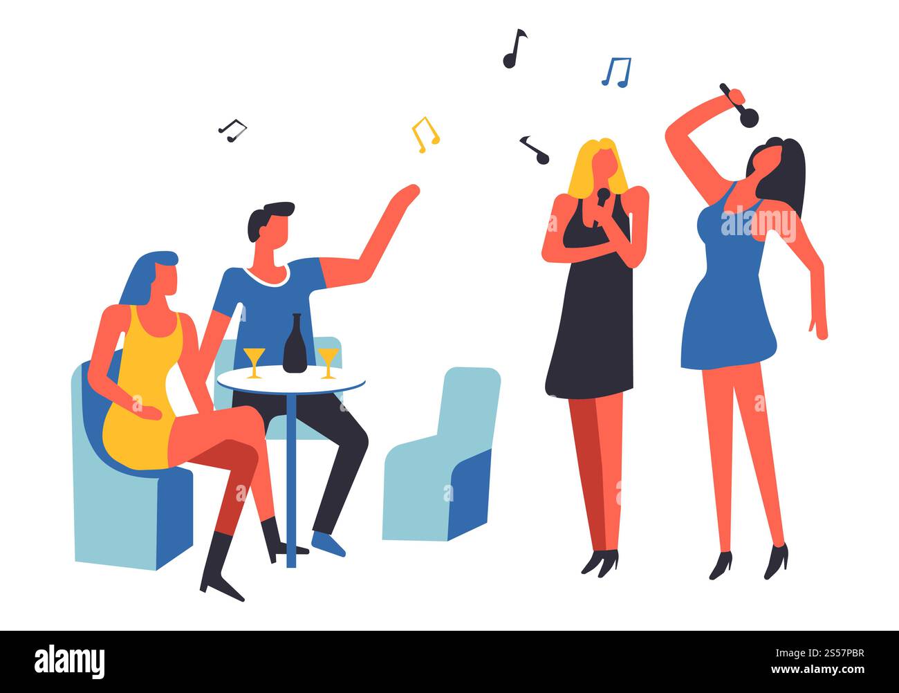 Party gens buvant et chantant chanson vecteur isolé. Distraction de club vocal, femme debout tenant le microphone micro performant, notes et téléspectateurs. Les spectateurs montrent des performances pour des amis. Party gens buvant et chantant chanson vecteur isolé Illustration de Vecteur
