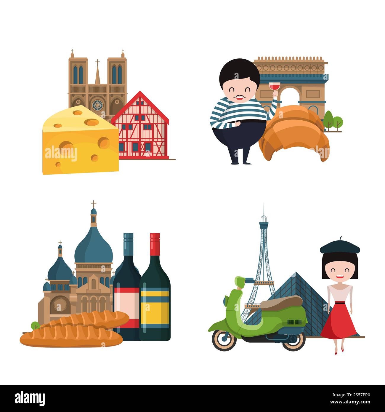 Dessin animé vectoriel France vues et objets piles illustration. France tourisme, tour eiffel et architecture célèbre. Dessin animé vectoriel France vues et objets piles illustration Illustration de Vecteur