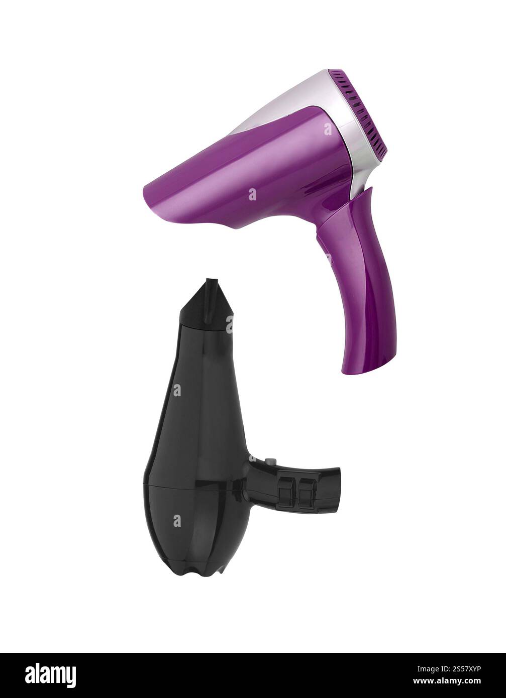 Sèche-cheveux noir et violet isolé sur fond blanc Banque D'Images