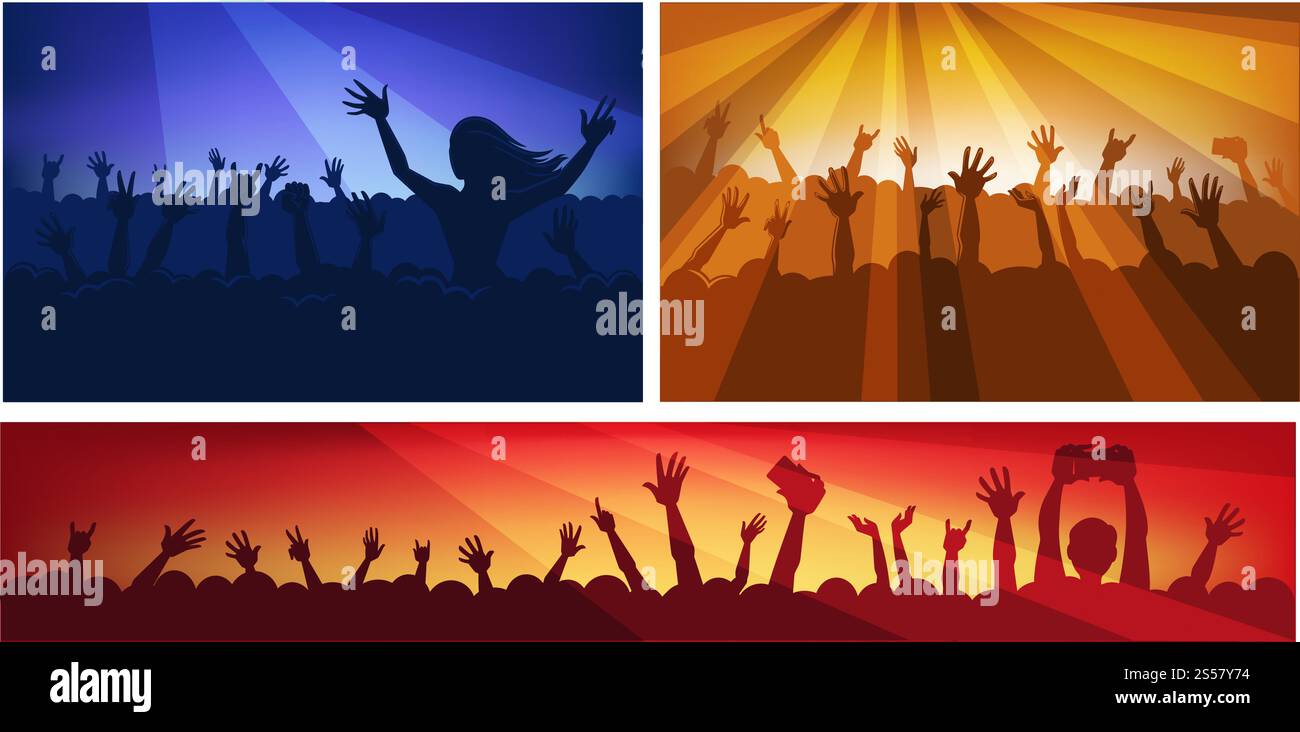 Silhouettes humaines dans la foule massive avec les mains levées qui tiennent des appareils modernes dans des projecteurs au néon colorés lors d'un concert d'illustrations vectorielles plates de dessins animés. Les gens s'amusent à la performance musicale.. Silhouettes humaines dans la foule massive avec les mains levées qui tiennent des appareils modernes dans des projecteurs au néon colorés lors d'illustrations vectorielles plates de dessins animés de concert Illustration de Vecteur
