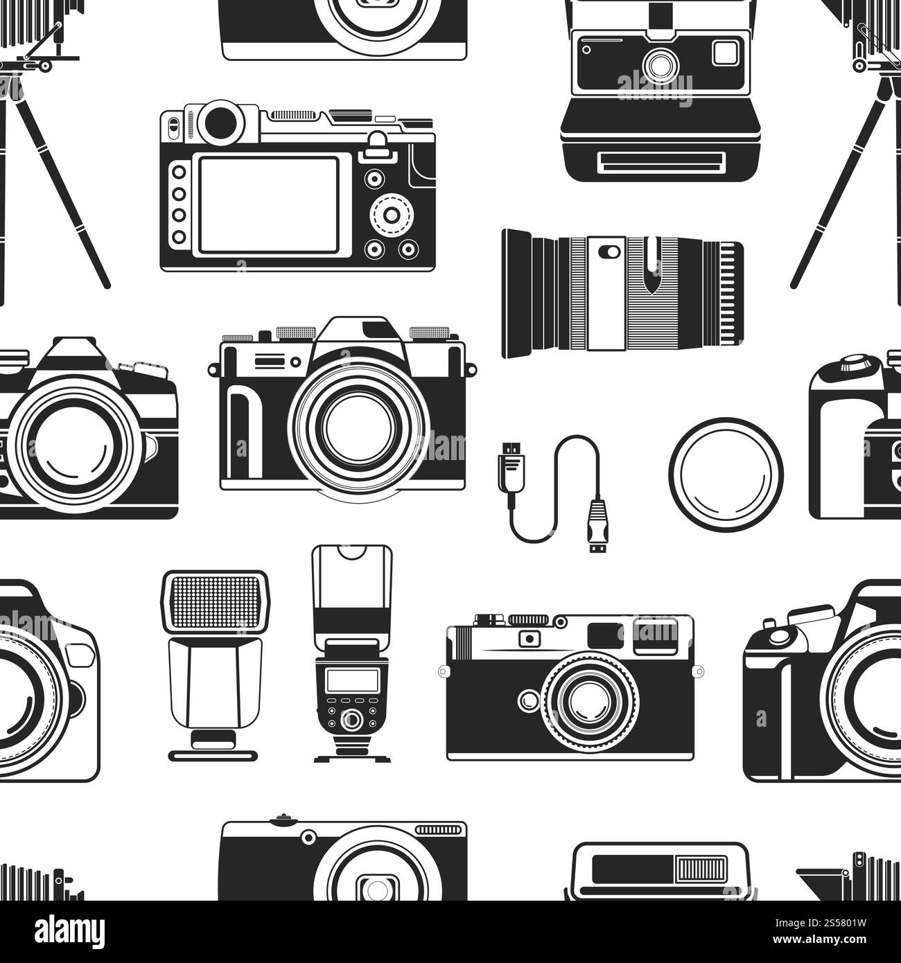 Photographie d'appareil photo, équipement portable d'appareil de style ancien pour les photographes vecteur de motif sans couture. Icônes monochromes de l'objectif optique et des objectifs pour faire une bonne photo. Photographie art et. EQUIPEMENT d'appareil photographique à caméra pour photographes à vecteur de motif sans couture Illustration de Vecteur