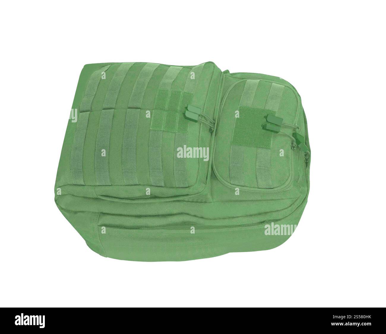 Sac à dos vert pour transporter vos affaires nécessaires isolé sur blanc. Sac à dos vert pour transporter vos affaires nécessaires Banque D'Images