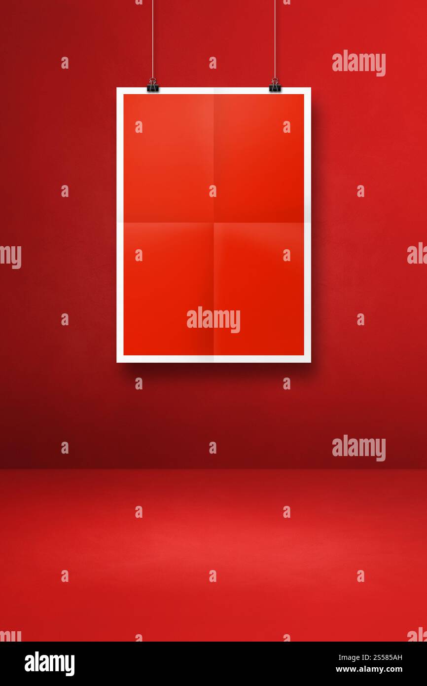 affiche pliée rouge suspendue sur un mur propre avec des pinces. Modèle de maquette vierge. affiche pliée rouge suspendue sur un mur propre avec des pinces Banque D'Images