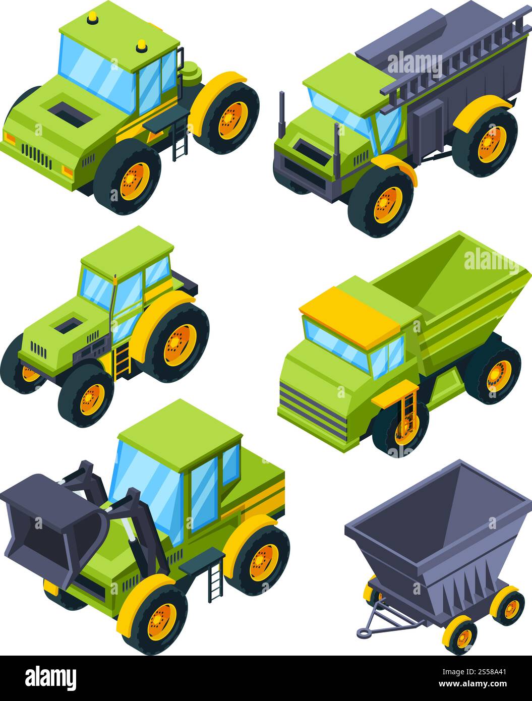 Ferme ou village divers transports. Ensemble d'images isométriques de machines agricoles. Récolteuse agricole et moissonneuse-batteuse, tracteur rural. Illustration vectorielle. Ferme ou village divers transports. Ensemble d'images isométriques de machines agricoles Illustration de Vecteur