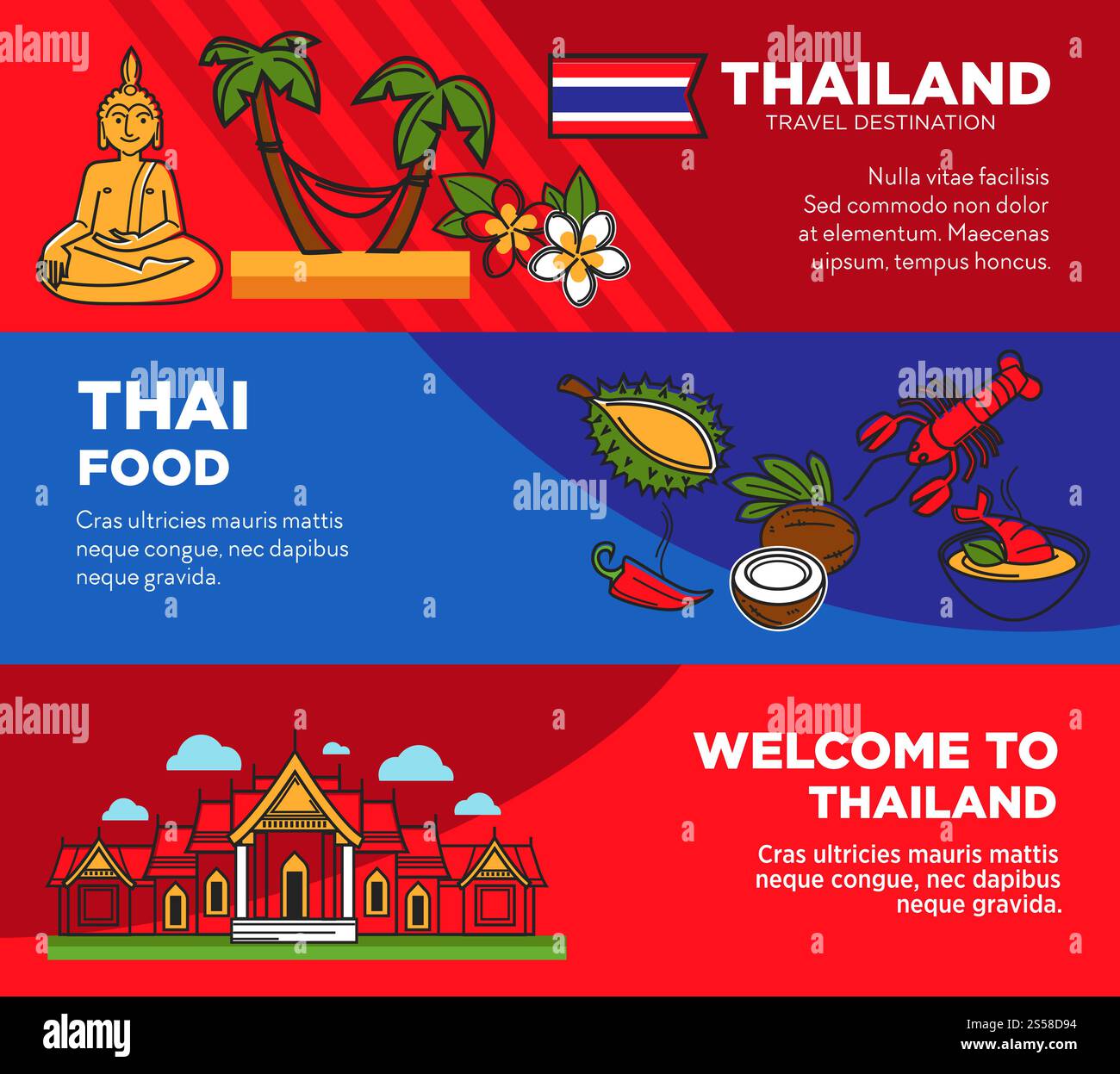 Complexe hôtelier luxueux en Thaïlande tropicale ensemble d'affiches promotionnelles. Nourriture exotique et attractions célèbres sur les bannières des agences de voyages. Voyage dans le pays chaud près de l'océan illustrations vectorielles de publicité.. Complexe hôtelier luxueux en Thaïlande tropicale ensemble d'affiches promotionnelles Illustration de Vecteur