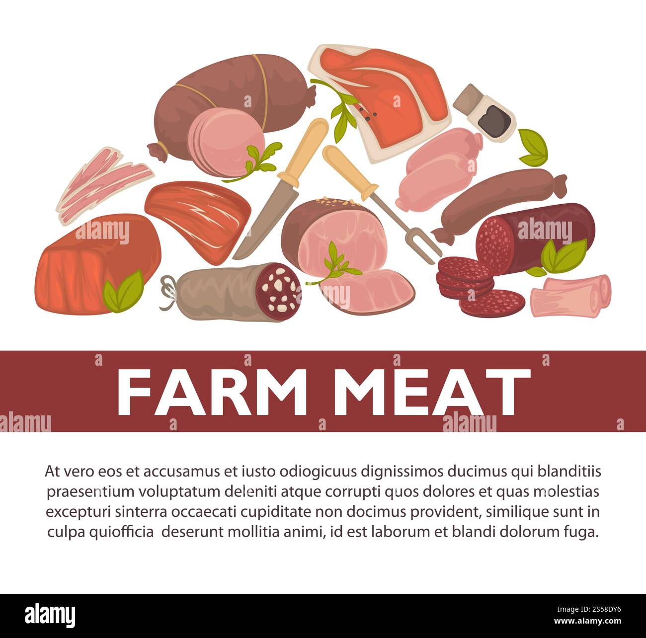 Affiche de viande de boucherie charcuterie de viande de ferme, saucisses et produits à base de viande. Conception de boucherie vectorielle de cervelat, pepperoni ou saucisse de foie, filet de porc ou steak de bœuf et poitrine ou bacon de jambon. Saucisses de viande de ferme et affiche vectorielle de charcuterie Illustration de Vecteur
