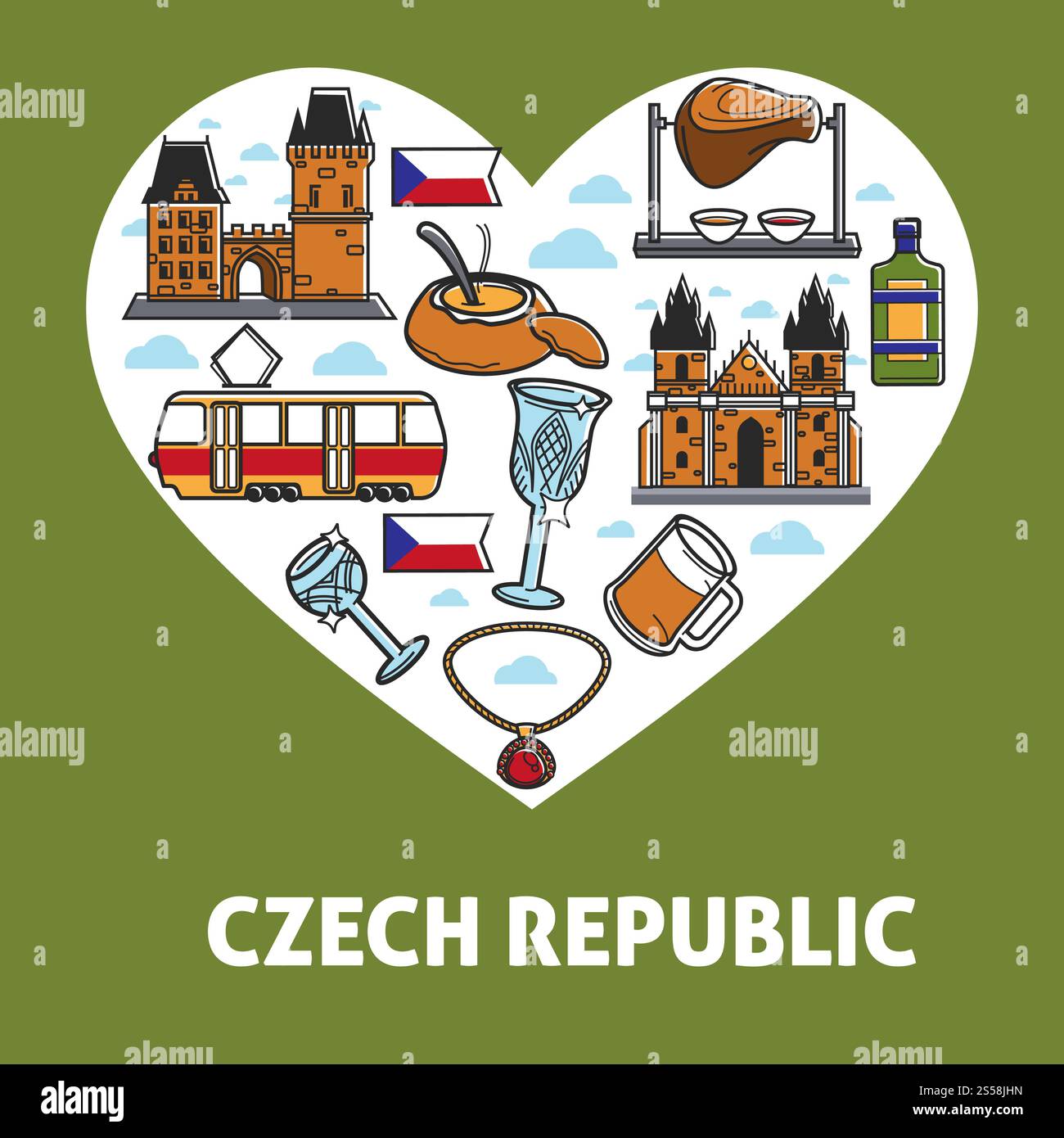 Affiche de cœur de République tchèque représentant des symboles traditionnels et des icônes touristiques nationales. Vecteur drapeau de la République tchèque, nourriture et boisson, tram ou château de Prague et verre de cristal de Bohême. République tchèque affiche vectorielle des symboles touristiques pour les icônes d'attraction de voyage Illustration de Vecteur
