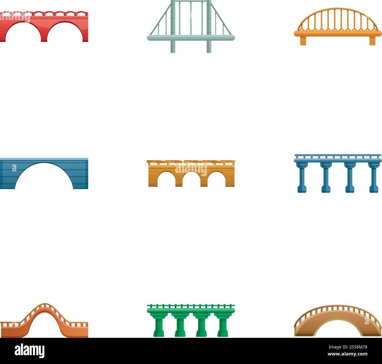 Jeu d'icônes de pont. Ensemble de dessins animés de 9 icônes vectorielles de pont pour la conception Web isolé sur fond blanc. Jeu d'icônes de pont, style de dessin animé Illustration de Vecteur