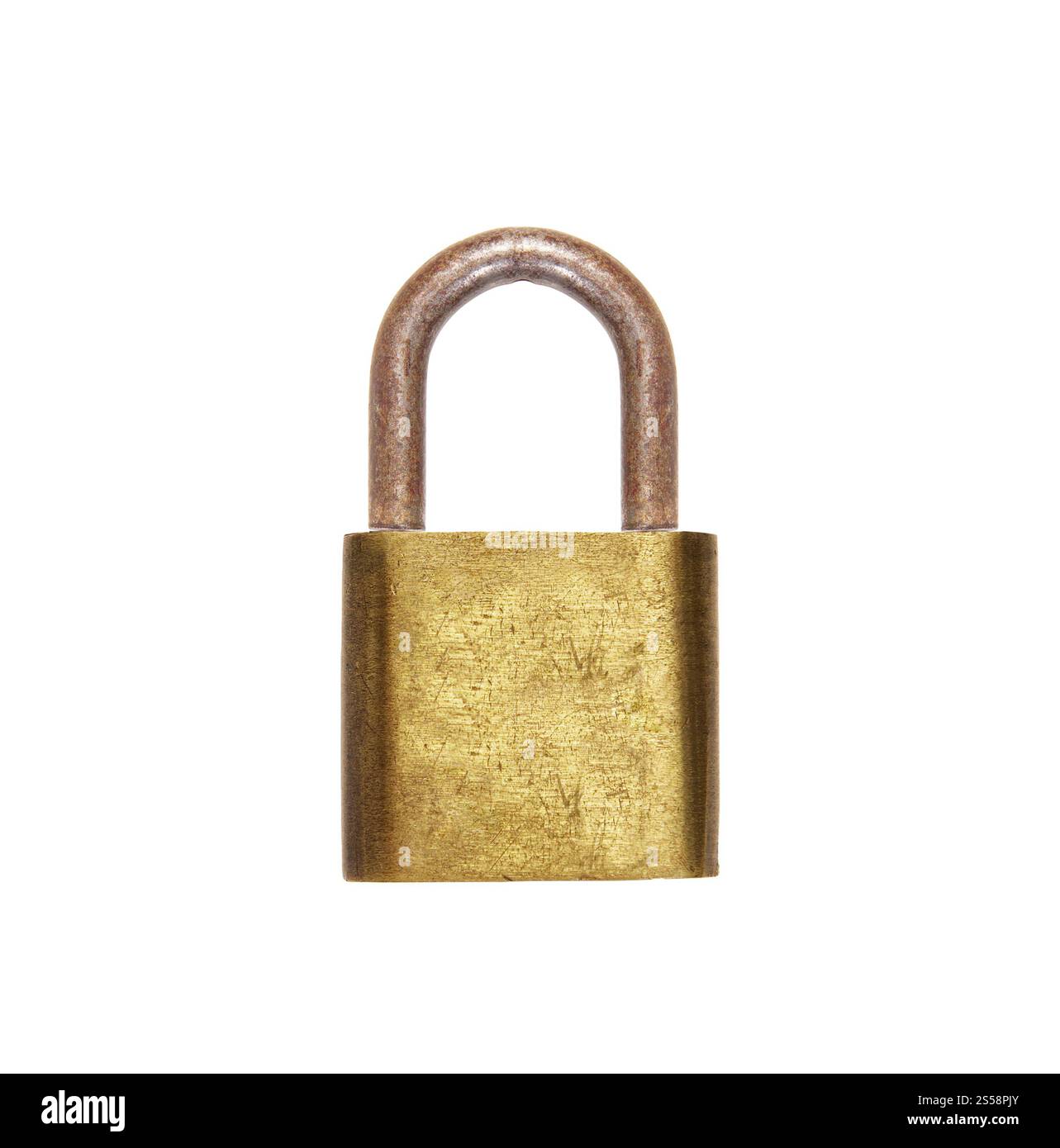 Serrure en or isolée sur fond blanc. Serrure dorée Banque D'Images