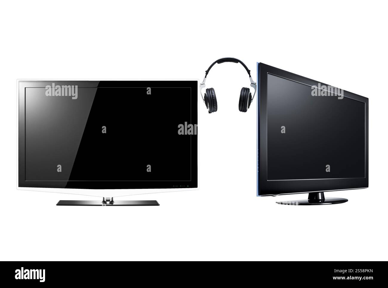 Deux TV LCD à écran plat haute définition avec casque isolé sur blanc. Deux télévisions à écran plat LCD haute définition avec casque Banque D'Images Deux TV LCD à écran plat haute définition avec casque isolé sur blanc. Deux télévisions à écran plat LCD haute définition avec casque Banque D'Images