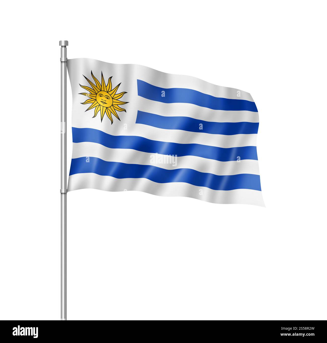 Drapeau de l'Uruguay, rendu tridimensionnel, isolé sur blanc. Drapeau uruguayen isolé sur blanc Banque D'Images