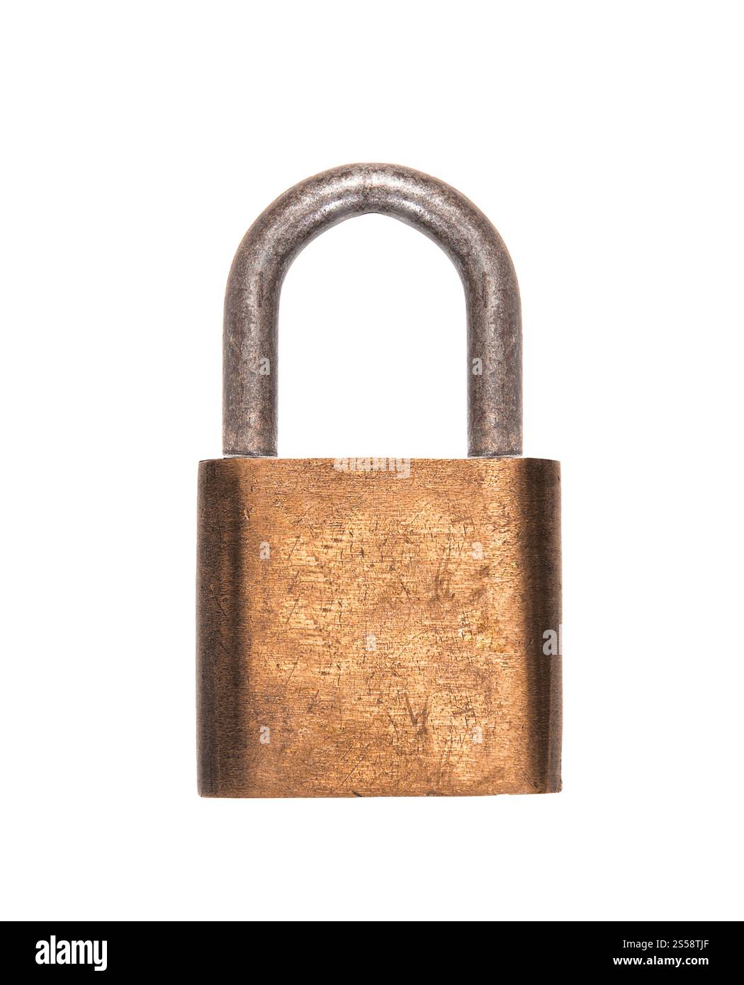 Serrure en or isolée sur fond blanc. Serrure dorée Banque D'Images