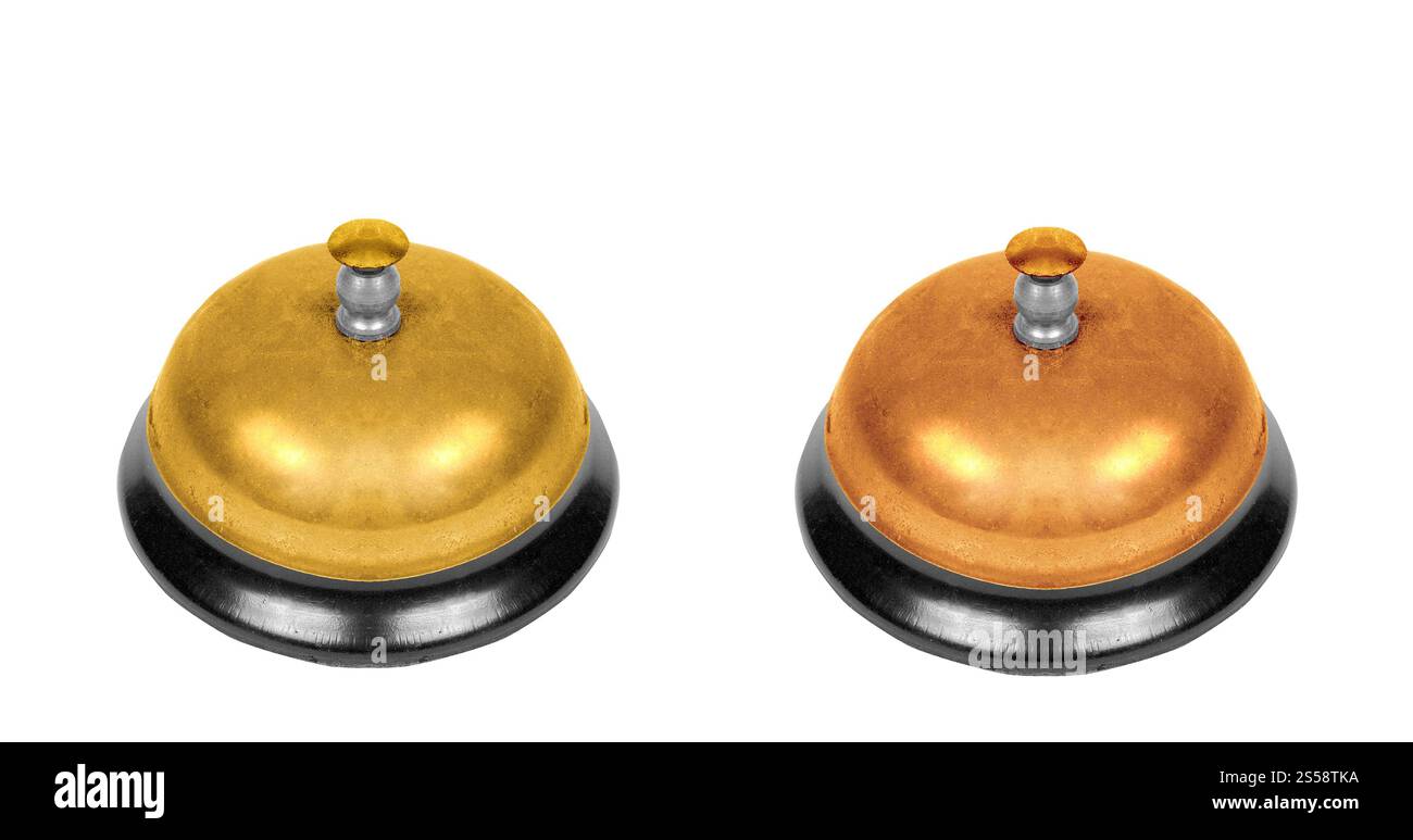 deux cloches d'école isolées sur fond blanc. deux cloches d'école Banque D'Images