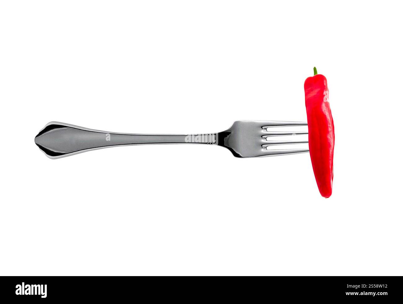 piment fort sur fourchette isolé sur fond blanc. piment fort sur fourchette isolé Banque D'Images