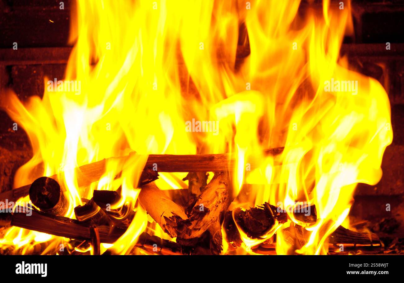 Le bois de feu brûle dans un fond de cheminée. Le bois de feu brûle dans une cheminée Banque D'Images