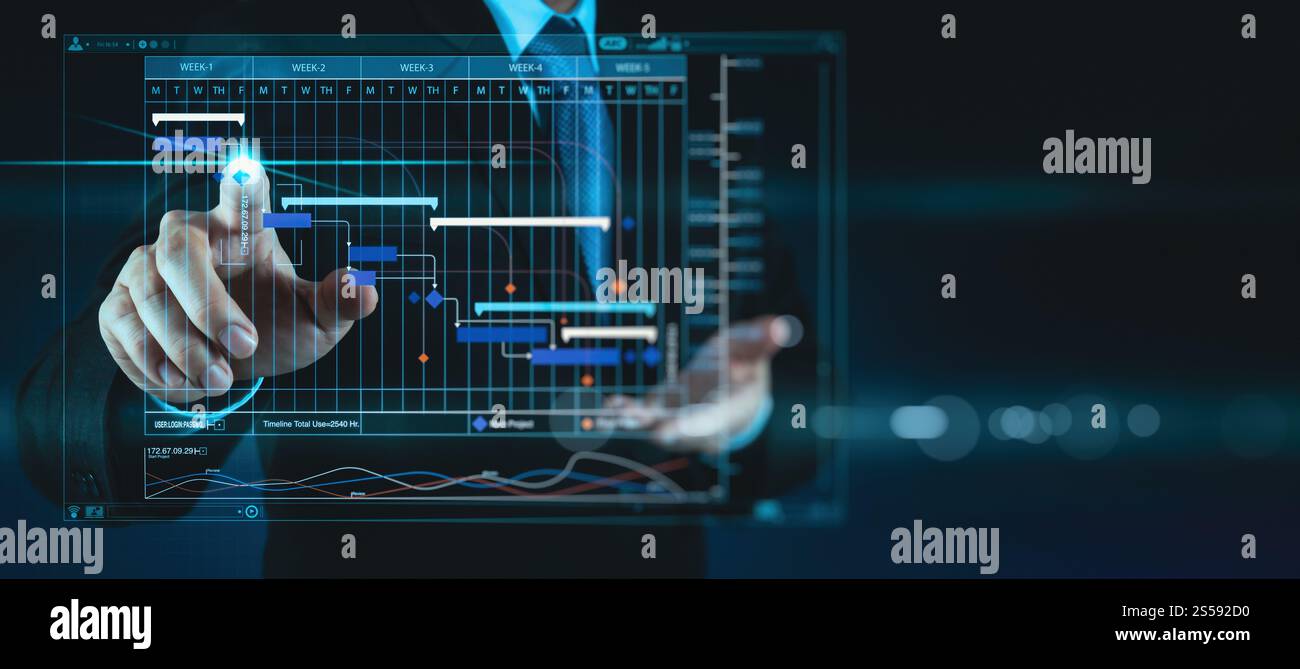 Homme d'affaires responsable de projet travaillant et mettant à jour des tâches avec des jalons planification de la progression et diagramme de Gantt. Banque D'Images