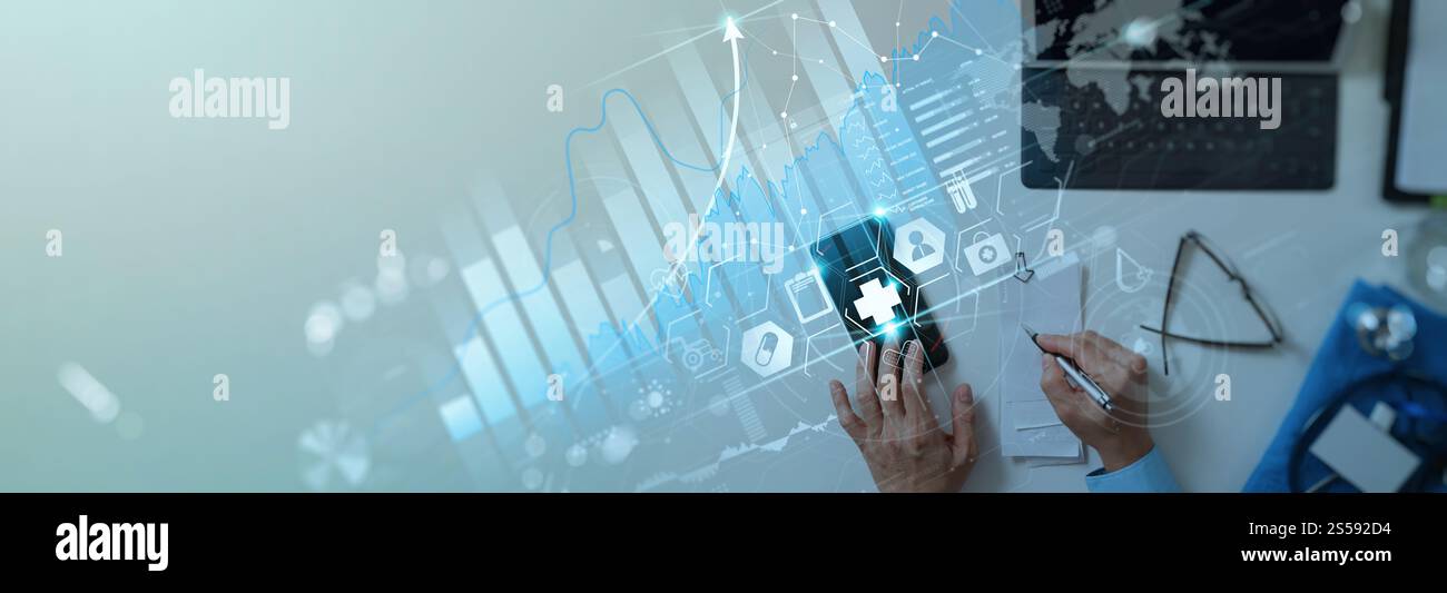 Santé et affaires médicales données graphiques vitual et croissance avec examen médical et connexion réseau d'analyse de rapport médical activée Banque D'Images