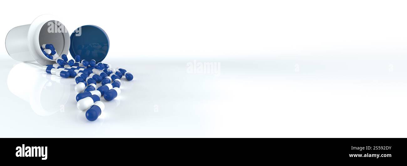 Medical 3d Capsules pilules se répandre hors de la bouteille de pilule sur le fond, Healthcare et médical 3d illustration concept. Banque D'Images