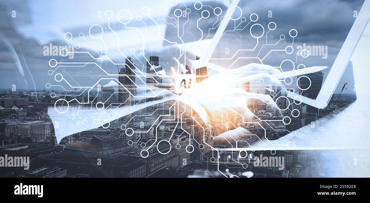 Intelligence artificielle (IA), apprentissage automatique avec technologie d'exploration de données sur un tableau de bord virtuel. Double exposition, concept de travail de main d'homme d'affaires. Banque D'Images