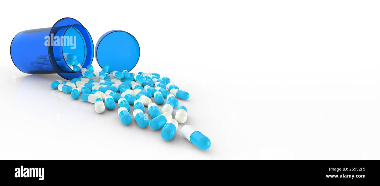 Medical 3d Capsules pilules se répandre hors de la bouteille de pilule sur le fond, Healthcare et médical 3d illustration concept. Banque D'Images