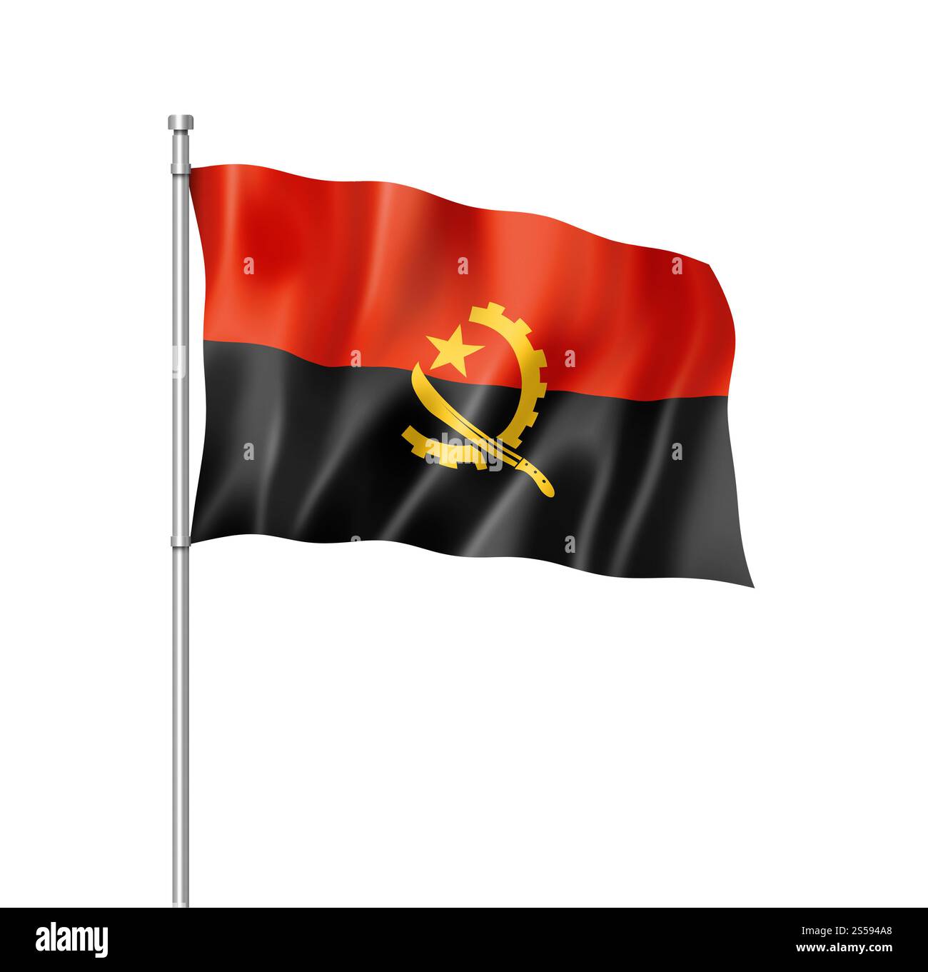 Drapeau de l'Angola, rendu tridimensionnel, isolé sur blanc. Drapeau angolais isolé sur blanc Banque D'Images