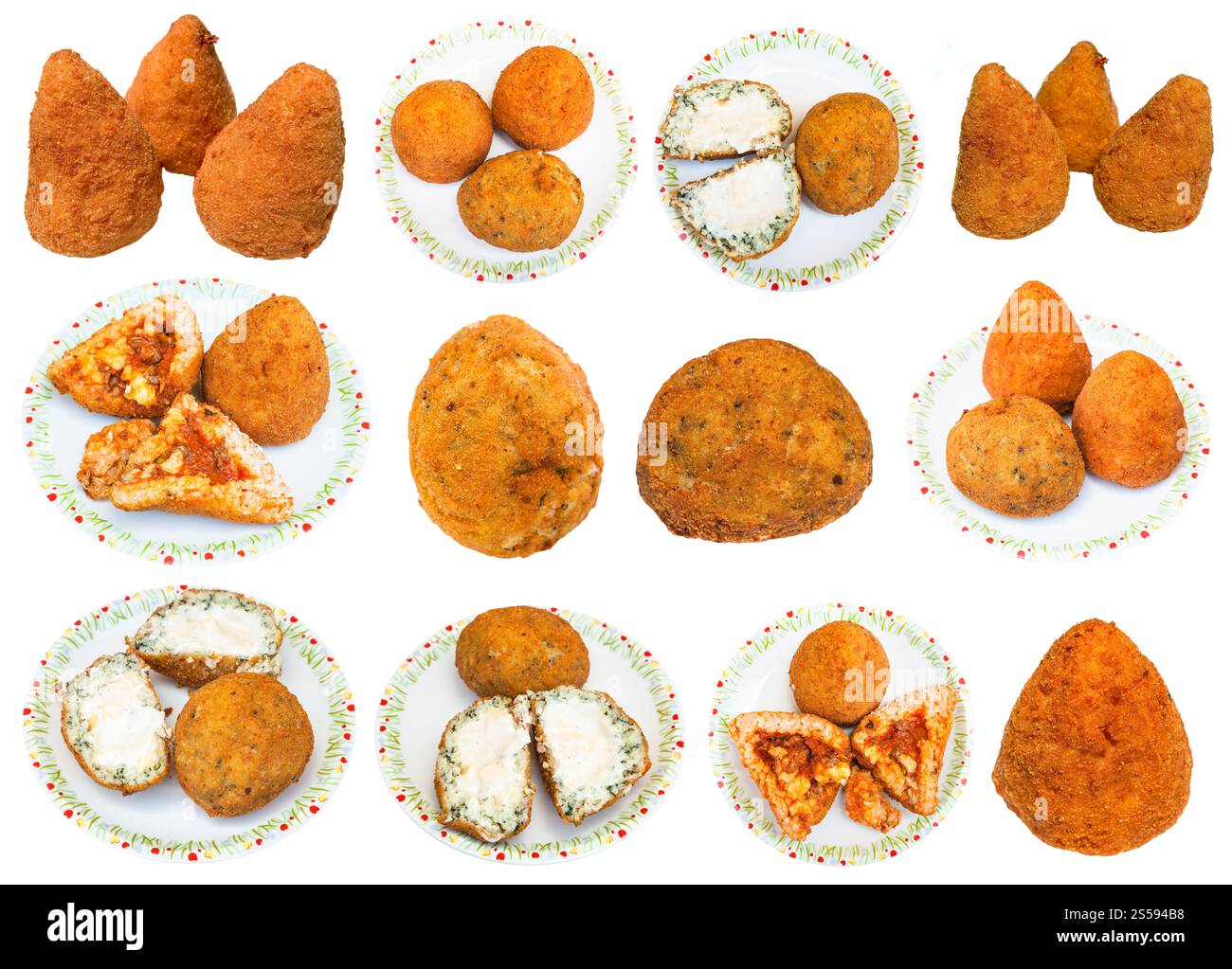 ensemble de différentes boulettes de riz farcies siciliennes arancini isolées sur fond blanc Banque D'Images