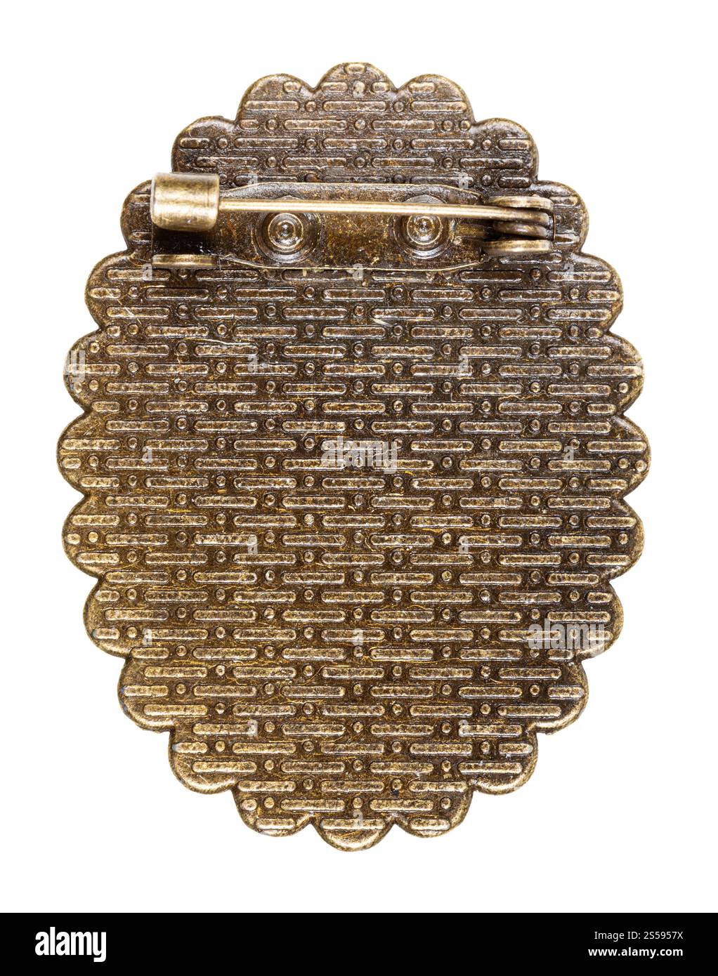 face arrière de la broche en bronze avec broche isolée sur fond blanc Banque D'Images