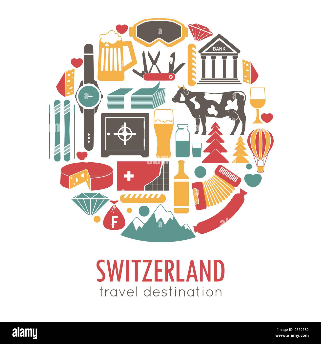 Sites touristiques de la Suisse et affiche des attractions de voyage vectorielles célèbres. Icônes vectorielles de la carte et du drapeau suisse, couteau et montre, fromage ou chocolat et saucisse, station de ski alpin et banque. Sites touristiques de la Suisse et affiche des attractions de voyage vectorielles célèbres. Illustration de Vecteur