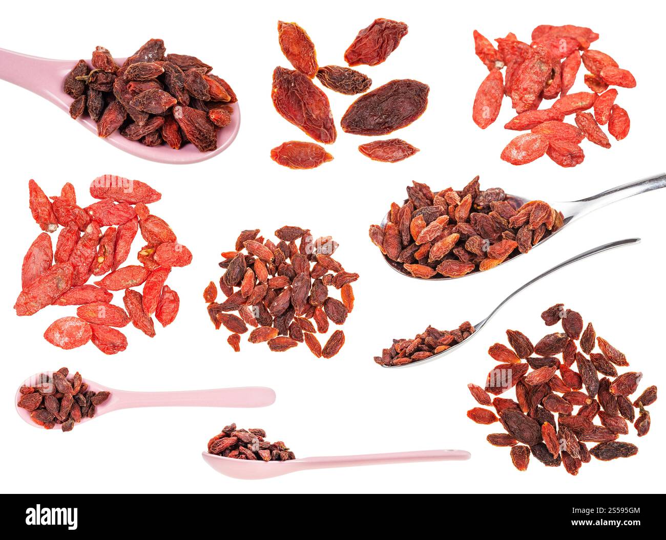 ensemble de baies de goji séchées isolées sur fond blanc Banque D'Images