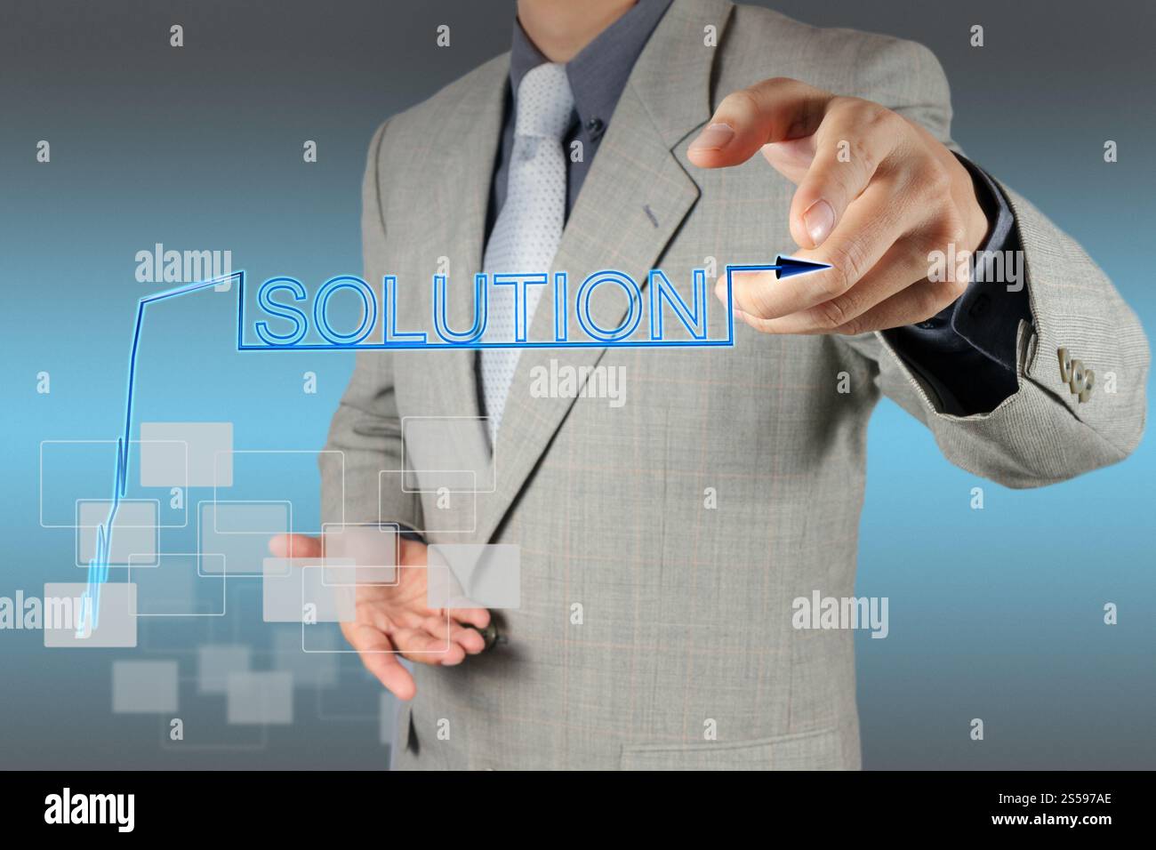 Solution d'affaires part en poussant le graphique sur une interface d'écran tactile Banque D'Images