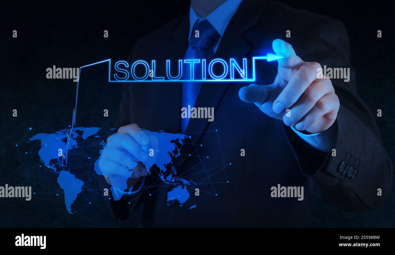 Solution d'affaires part en poussant le graphique sur une interface d'écran tactile Banque D'Images