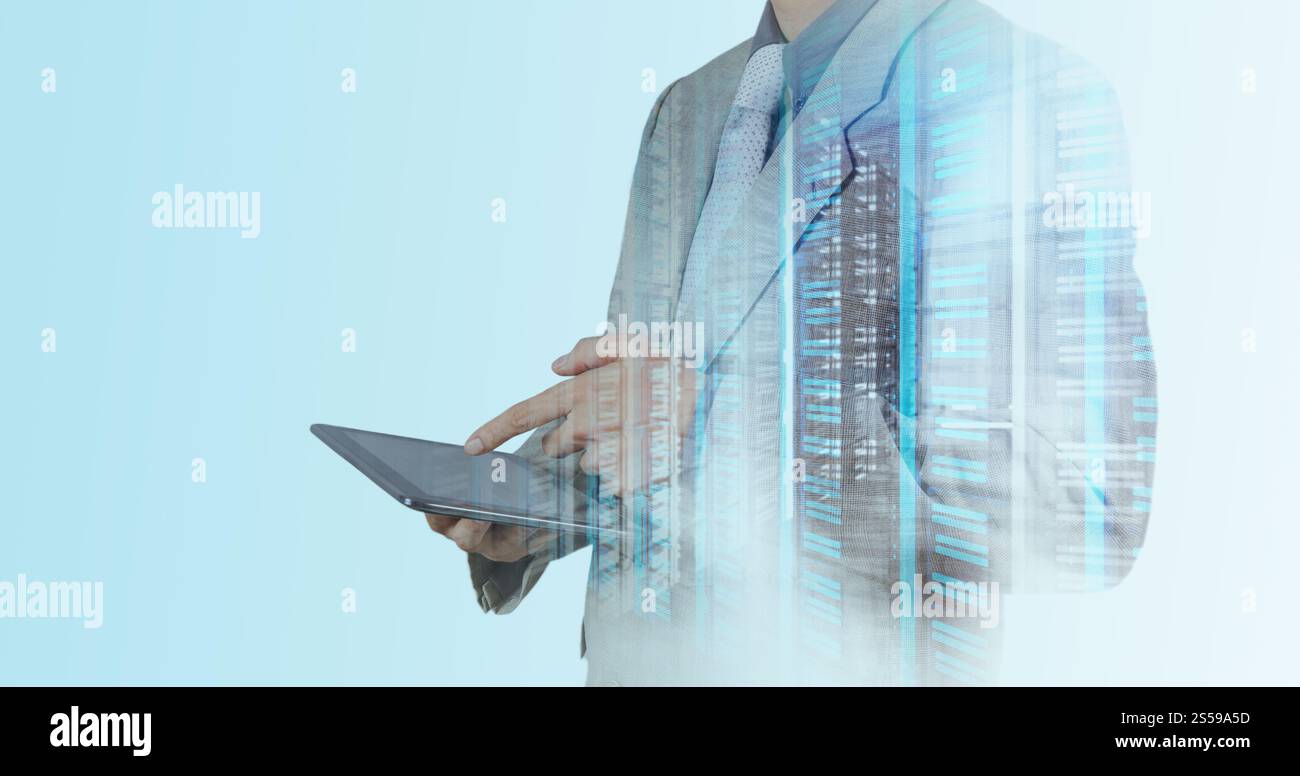Double exposition de businessman montre la technologie moderne comme concept Banque D'Images
