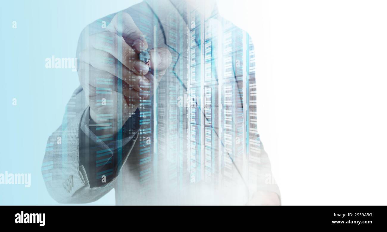 Double exposition de businessman montre la technologie moderne comme concept Banque D'Images