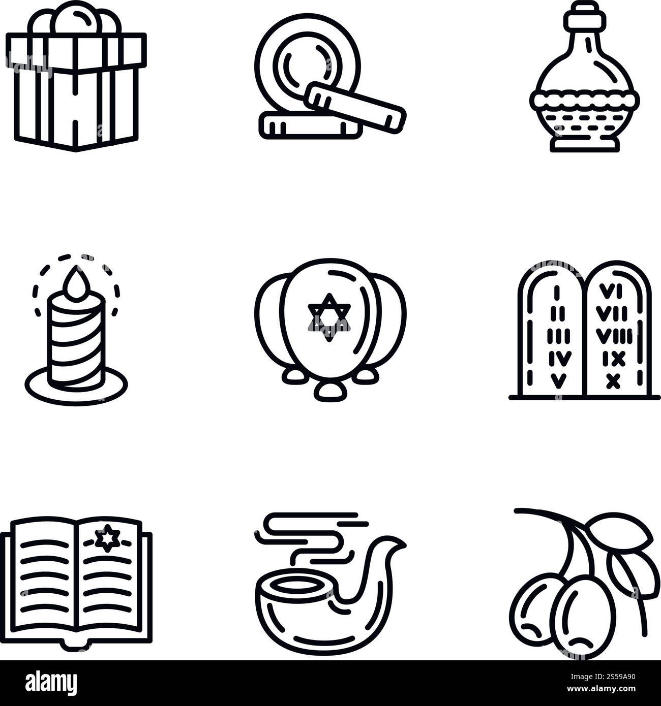 Jeu d'icônes juives. Ensemble de 9 icônes vectorielles juives pour la conception de sites Web isolé sur fond blanc. Ensemble d'icônes juives, style de contour Illustration de Vecteur